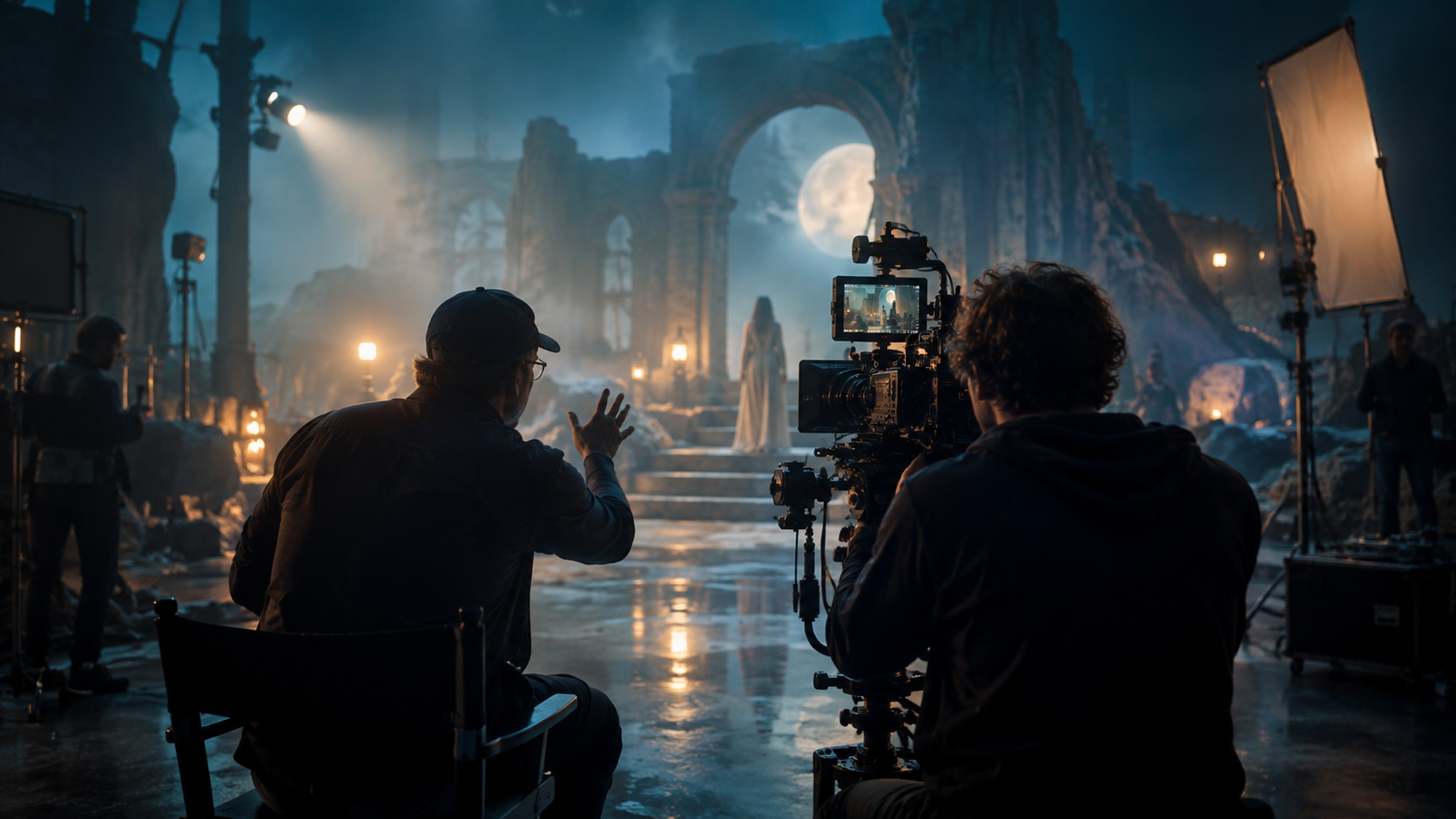 Illustrative film crew behind the camera on a cinematic set