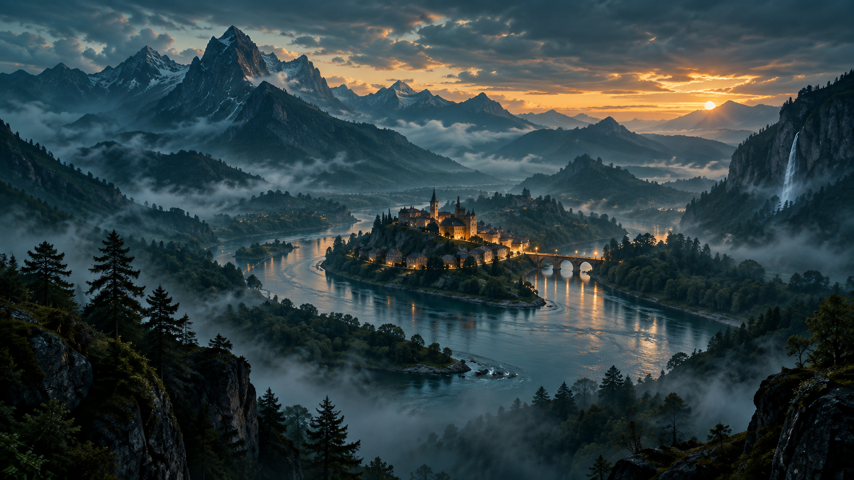 Cinematic concept of a misty mountain world with an illuminated settlement